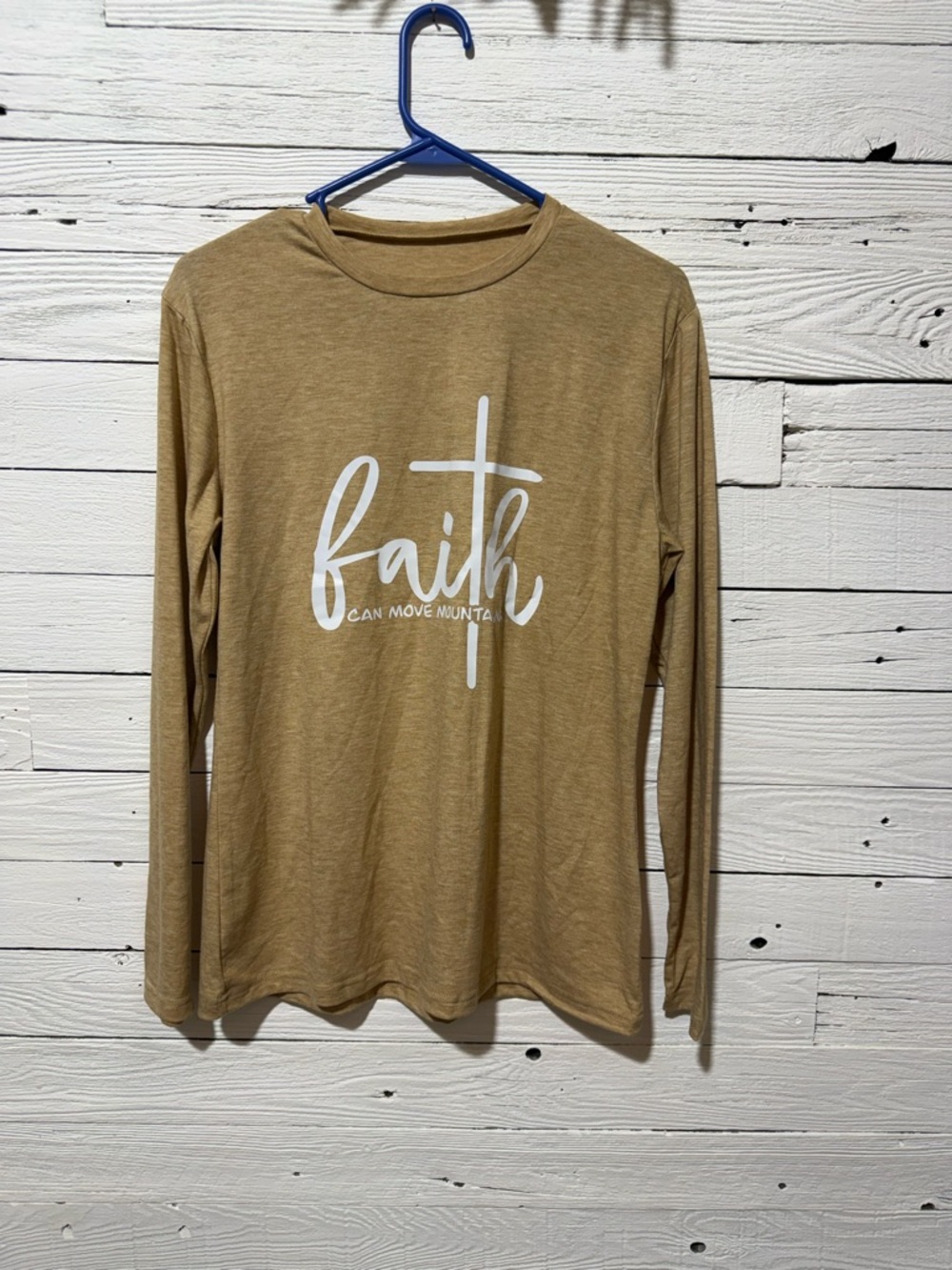 Small Faith Graphic Long Sleeve Tee - Tan with White Print